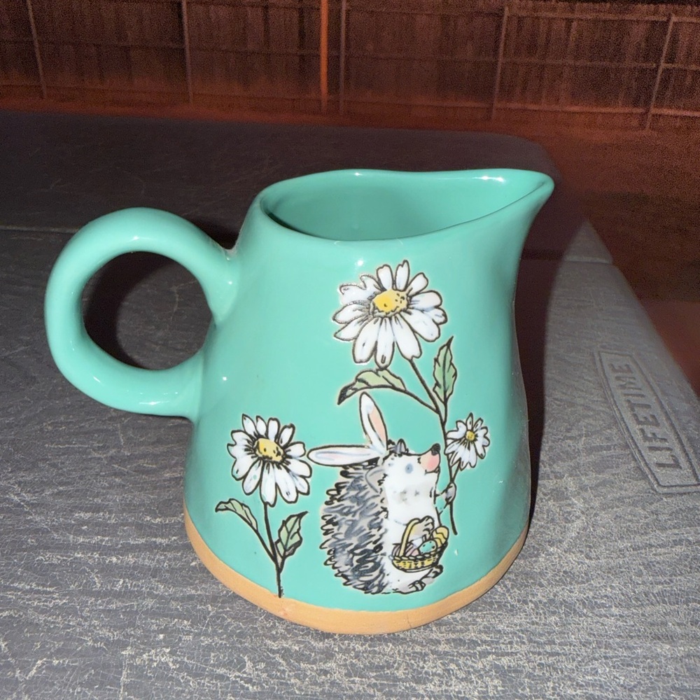 Hand-Painted Turquoise Ceramic creamer with Daisy & Hedgehog Design